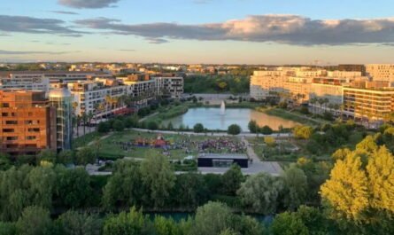 Vue aérienne en plongée du parc du Port-Marianne à Montpellier, montrant un étang central avec une fontaine, des pelouses vertes, des immeubles modernes environnants et des arbres sous un ciel clair de fin d'après-midi.