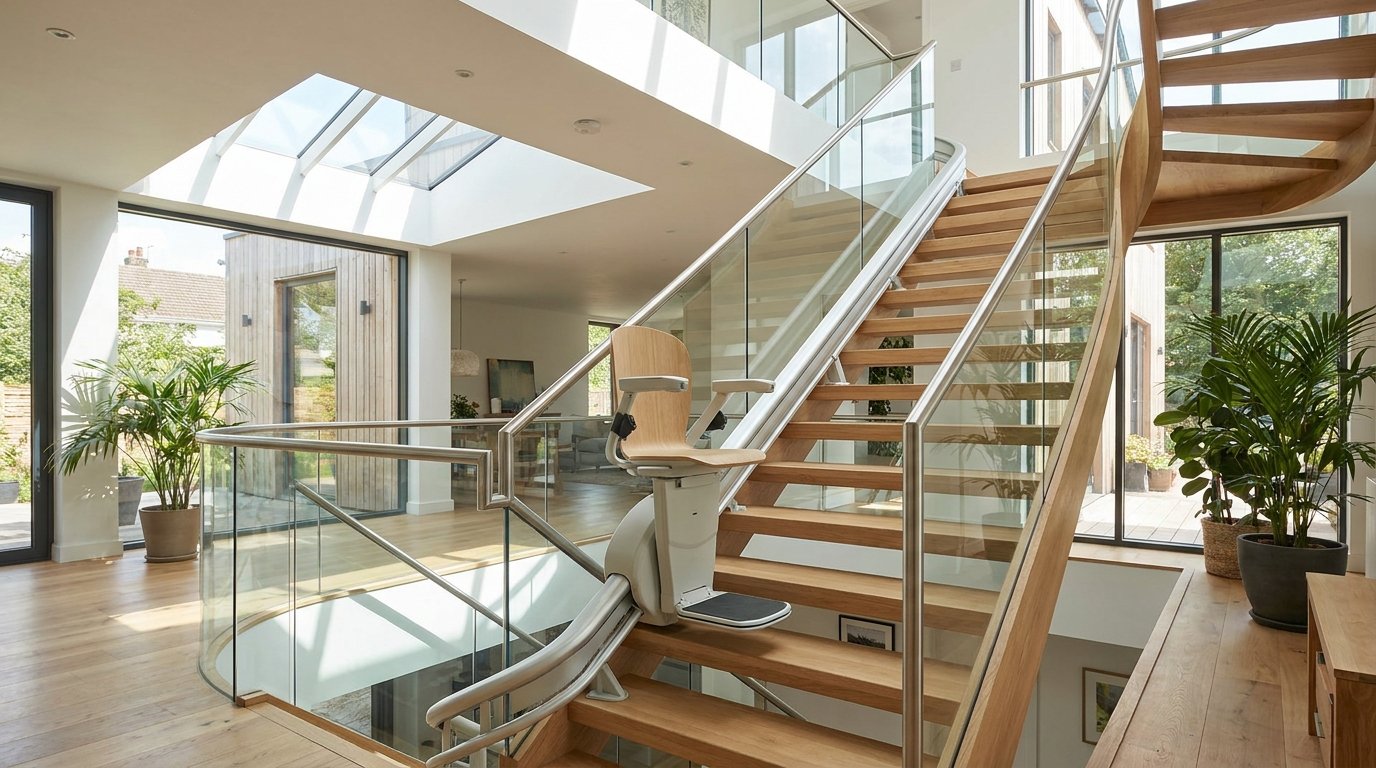 Monte-escalier moderne sur un escalier tournant, maison lumineuse
