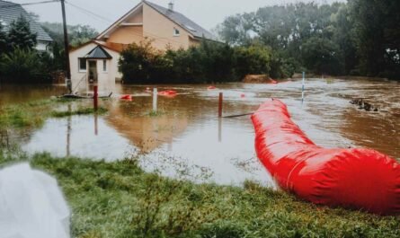 Rue inondée devant une maison, tube rouge et herbe mouillée