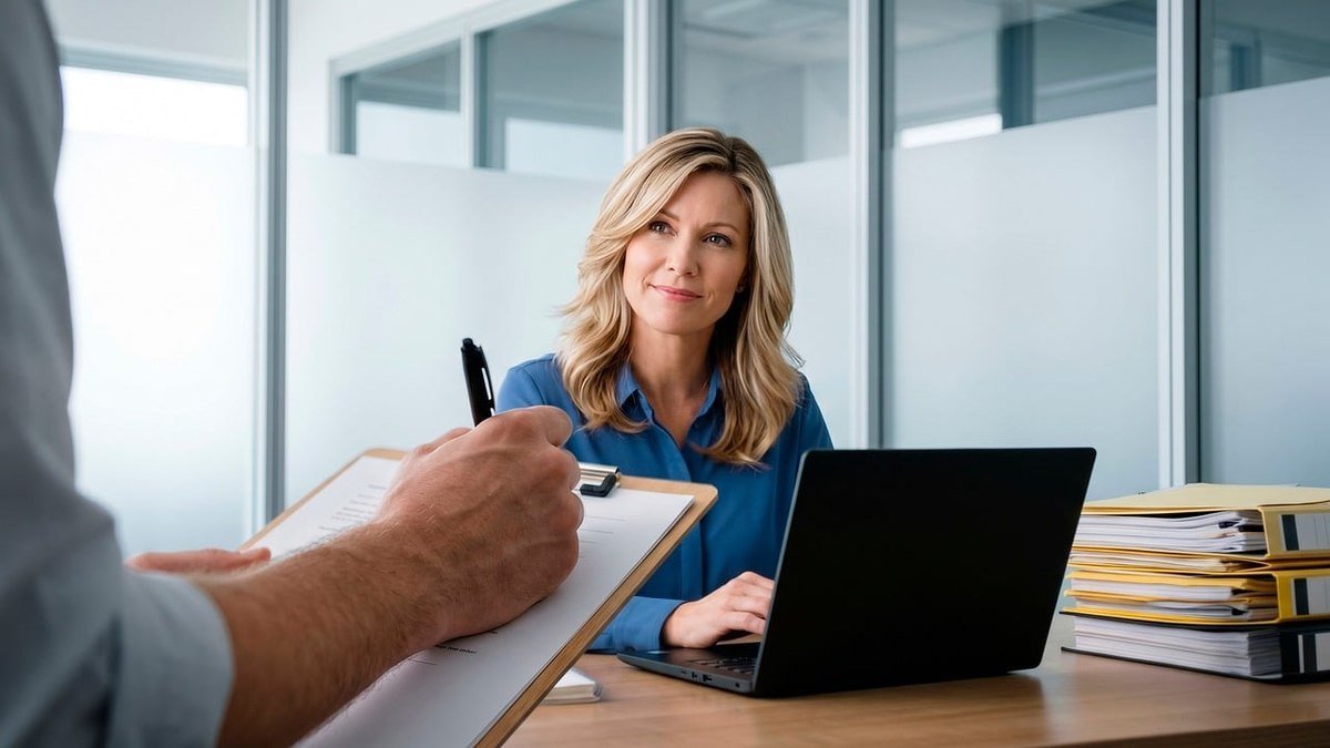 Une femme travaille sur ordinateur portable pendant qu'un collègue note sur un classeur Une femme travaille sur ordinateur portable pendant qu'un collègue note sur un classeur