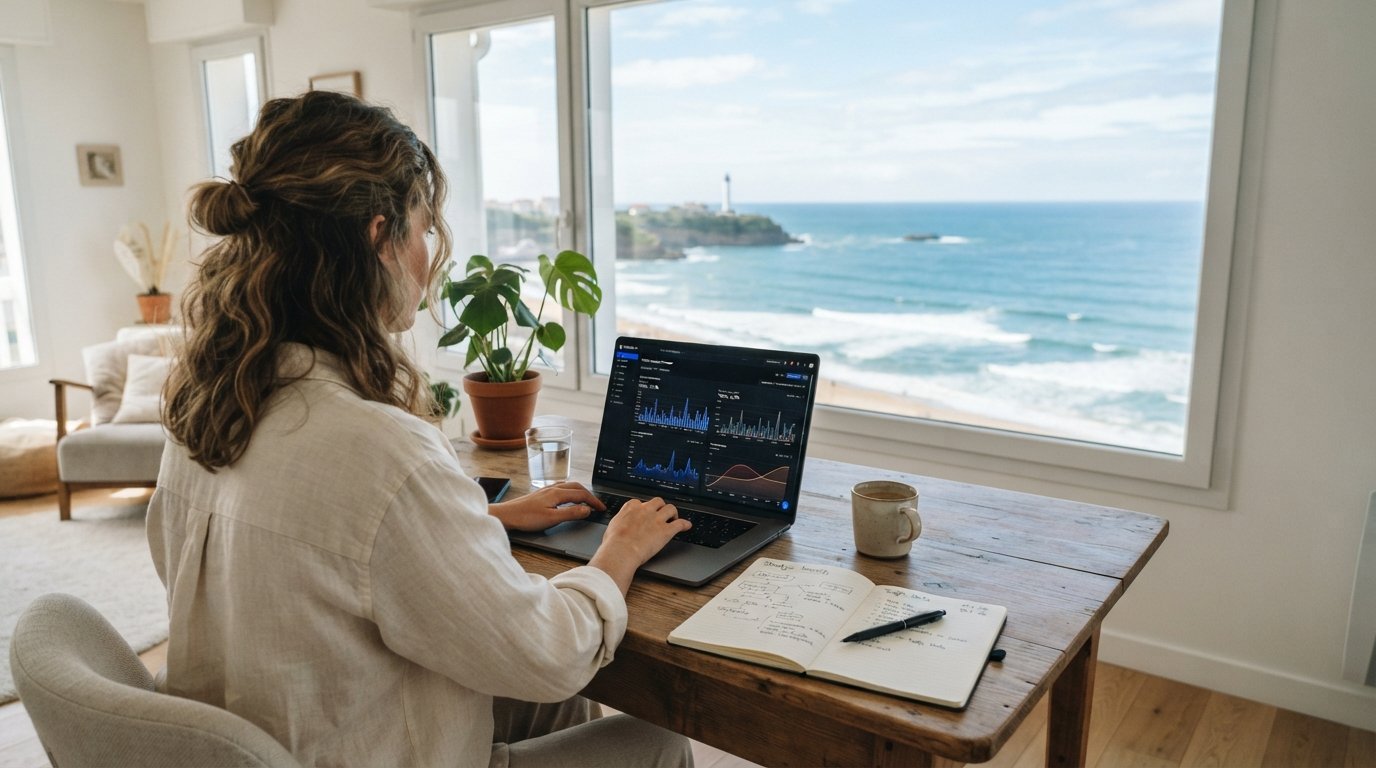 Bureau lumineux face à l'océan à biarritz, ordinateur portable affichant des courbes de trafic, carnet de notes, ambianc